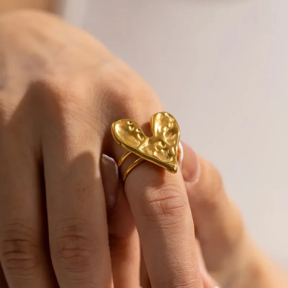 Adjustable Stainless Steel Open Rings, Modern Design with textured heart design. - Picture 5 of 8